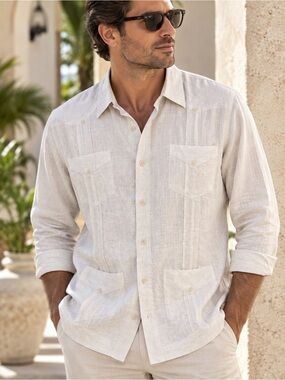 Cubavera 100% Linen Guayabera Shirt Men’s S 4 Pocket Long Sleeve #587